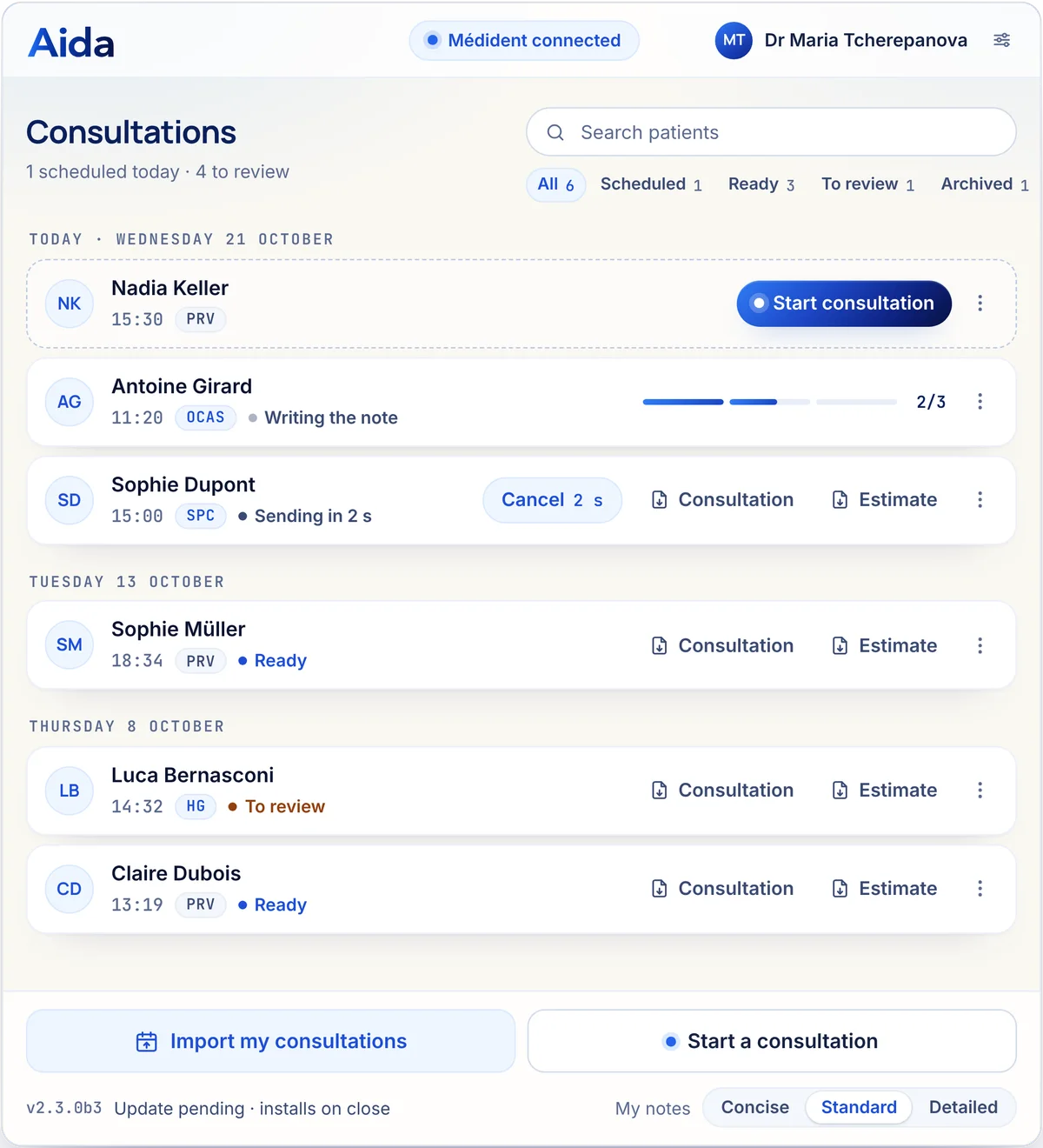 The consultation list: the validated record shows “Sending in 2 s” and a Cancel button