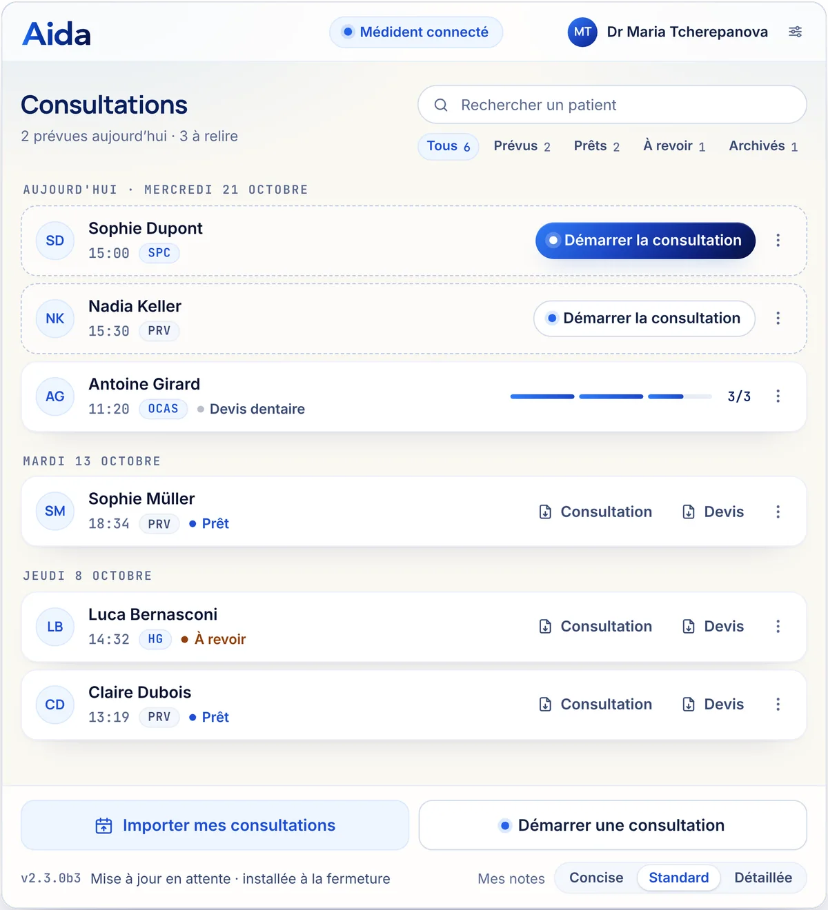 Aida Dental : les consultations du jour avec leur classe payeur, Médident connecté, et le bouton « Démarrer la consultation »