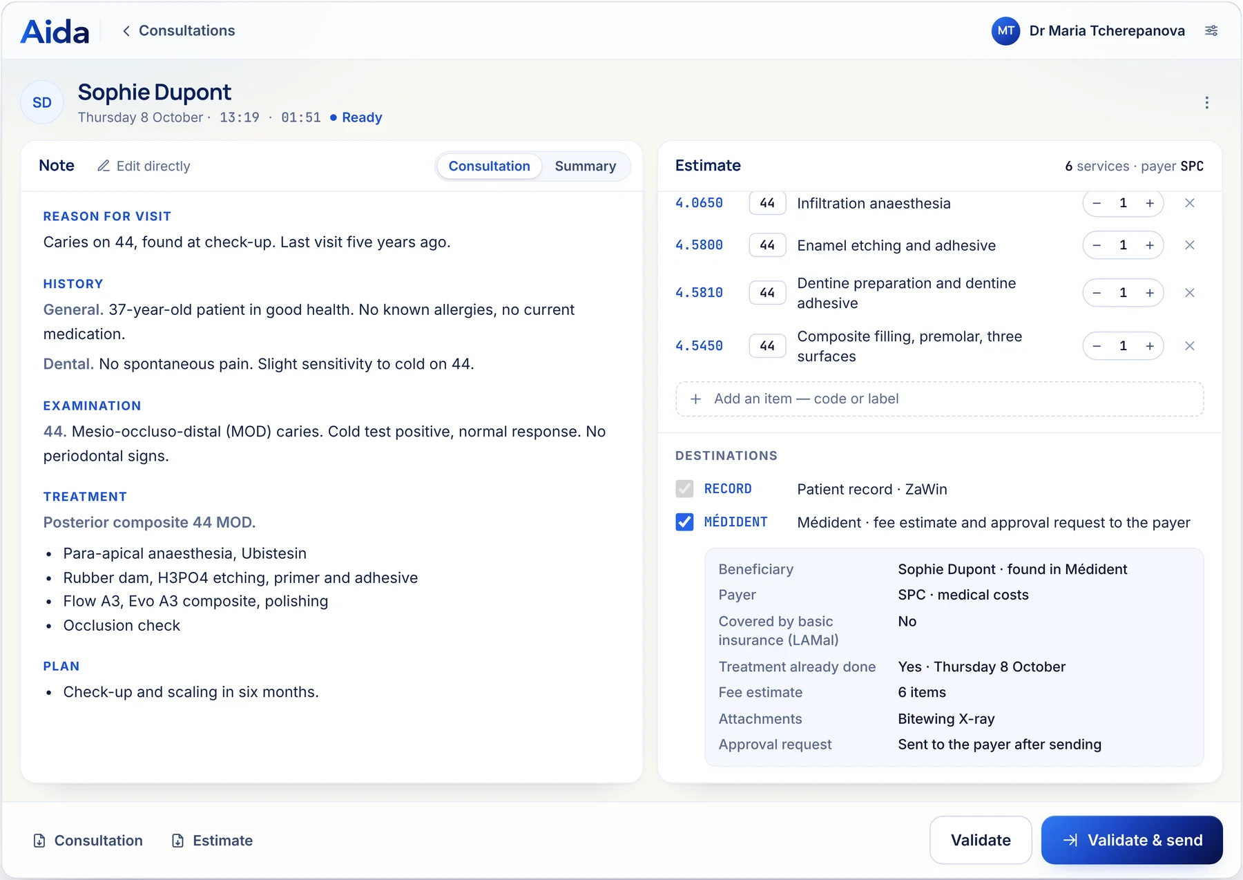 The same record after review: Patient record and Médident destinations, ready to validate