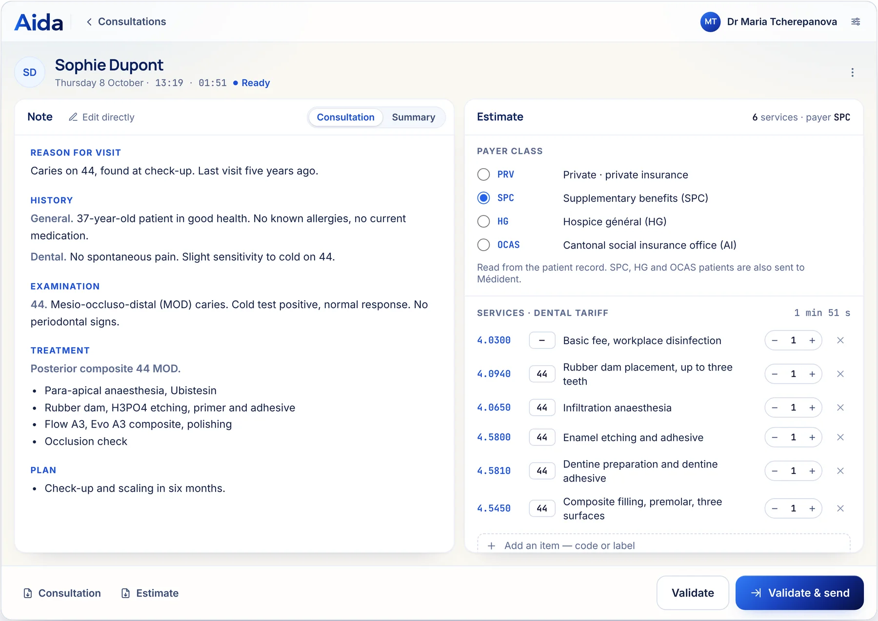 The record as Aida Dental returns it at the end of the appointment: structured note, dental tariff estimate with tooth numbers, payer class, awaiting review