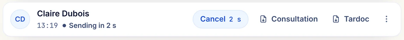 In the list, the validated consultation shows “Sending in 2 s” and a Cancel button