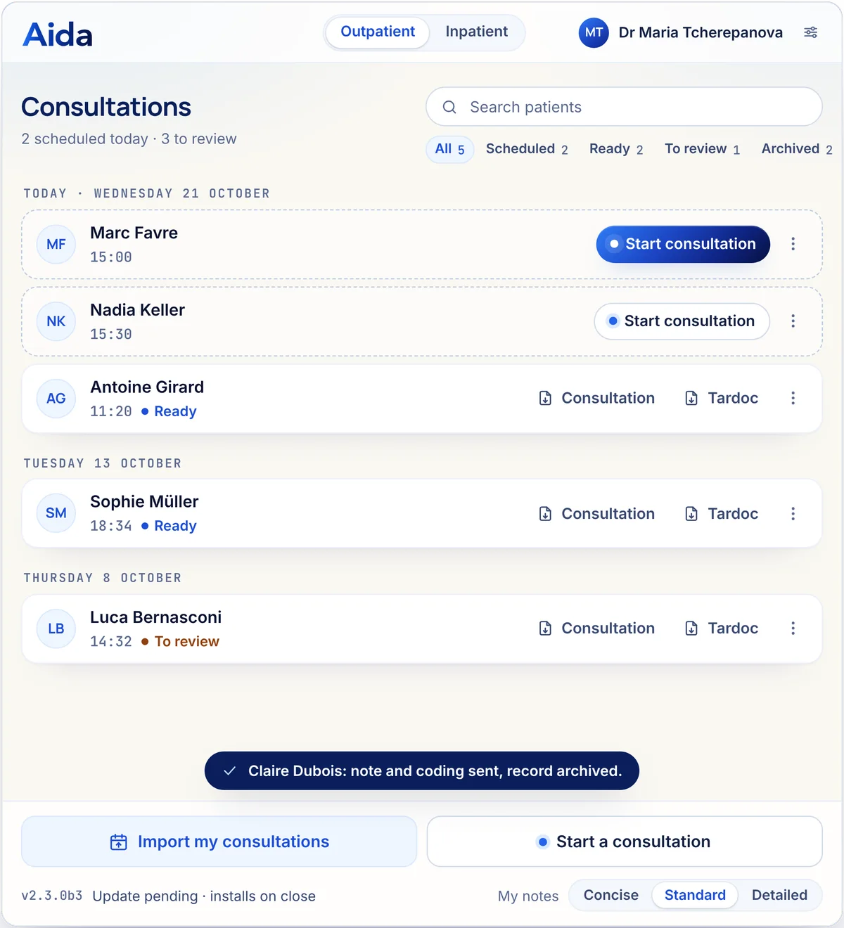 The consultation list: the record has been sent to the EHR