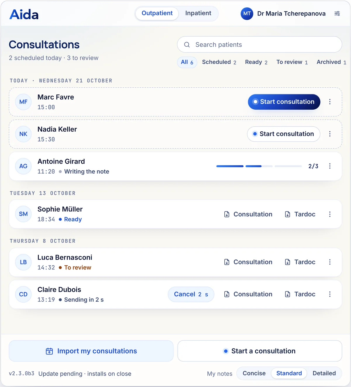 The consultation list: the validated record shows “Sending in 2 s” and a Cancel button