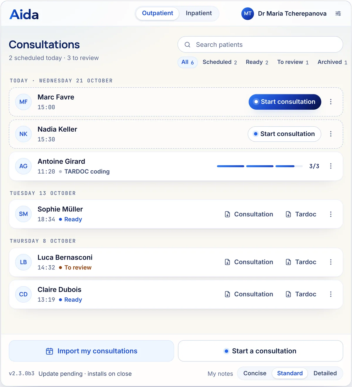 Aida MD: today's consultations, imported from the schedule, with the “Start the consultation” button