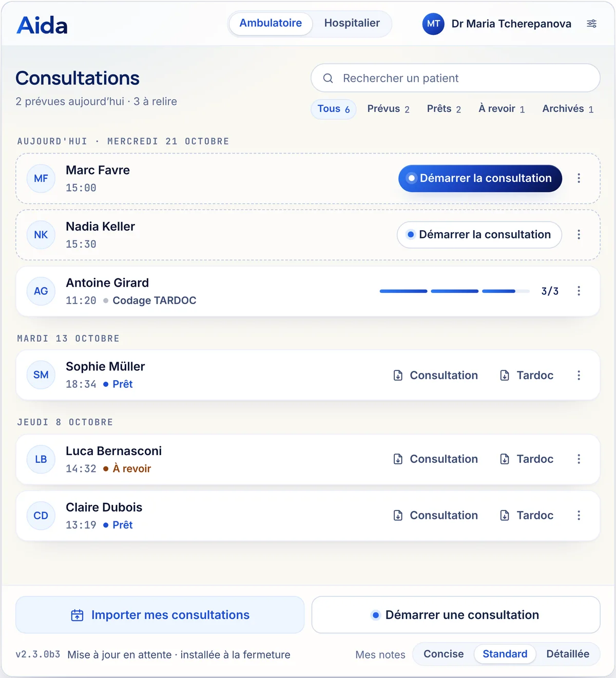 Aida MD : les consultations du jour, importées depuis l'agenda, avec le bouton « Démarrer la consultation »