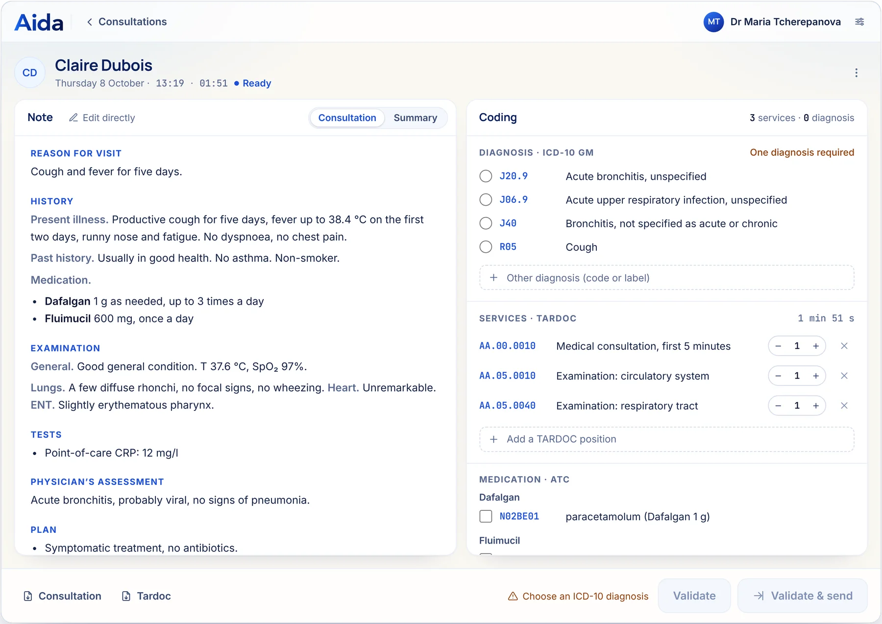 The record as Aida MD returns it at the end of the consultation: structured note, suggested ICD-10 diagnoses, TARDOC positions and ATC medication, awaiting review